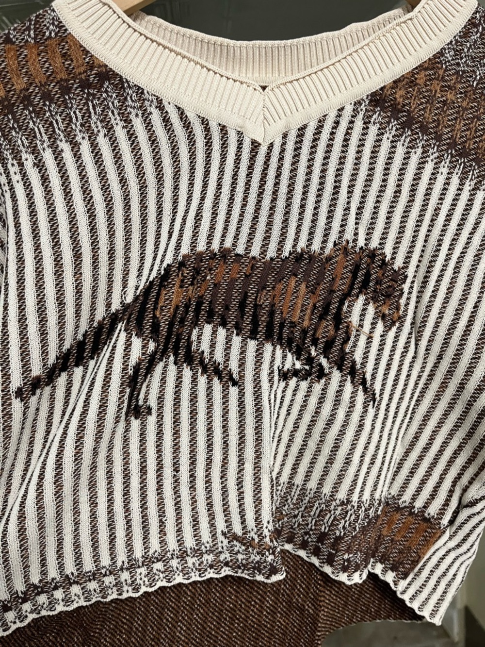 Women’s Striped Knit Cropped Sweater with Runnin’ Horse Motif - Yeehaw